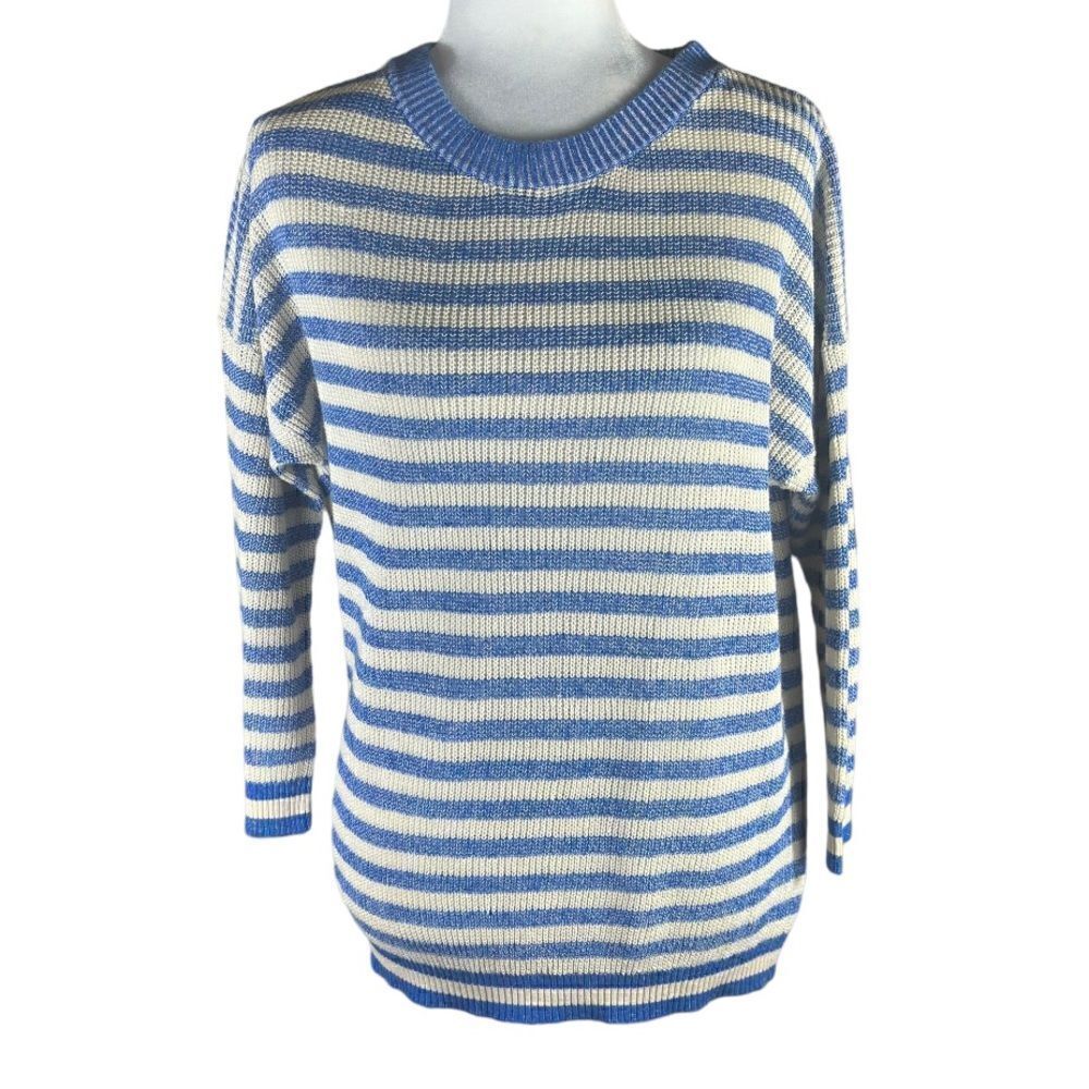 J. Crew Long Sleeve Oversized Blue and White Linen Blend Sweater Size Small S 📦